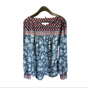 LOFT Floral Pattern Long Sleeved Boat Neck Blue Blouse Women’s Size L